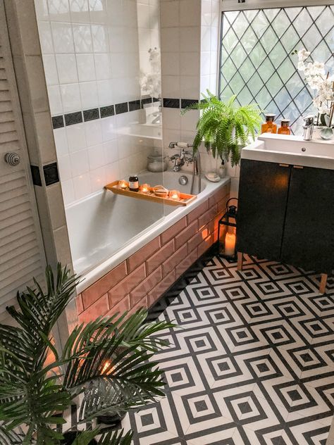 Top Tips For Tiling A Bath Panel With Metro Tiles - Boo & Maddie Bath Panel Ideas, Upcycle Bathroom, Tiled Bath Panel, Small Bathroom With Bath, White Outdoor Table, Bath Side Panel, Small Bathroom Renos, Bathroom Moodboard, Tiled Bath