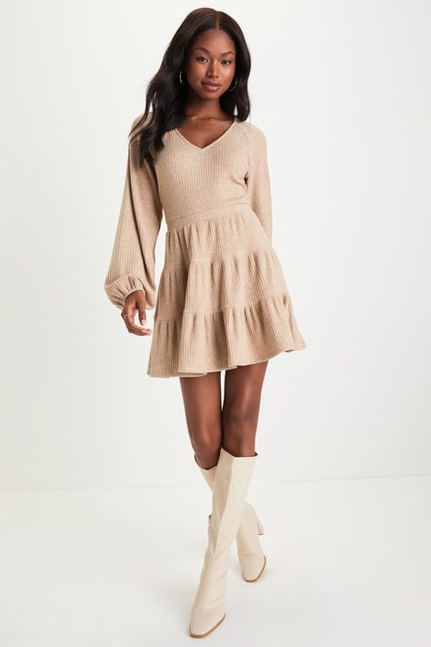 There's no better pick than the Lulus Adorable Option Heather Beige Long Sleeve Mini Sweater Dress to be your new favorite fall addition! This darling sweater dress is composed of stretchy ribbed knit (with a subtle heathered effect throughout) that shapes a darted bodice, a V-neckline, and long balloon sleeves with elastic at the cuffs. The fitted, banded waist tops a tiered, skater-style skirt that finishes at a mini hem. Fit: This garment fits true to size. Length: Mid-thigh. Size medium meas Fall Dresses Casual Midi, Mid Sized Autumn Outfits, Fall Dresses Aesthetic, Short Girl Outfits Winter, Winter Dresses Aesthetic, Boho Fall Family Photos, Long Sleeve Dress With Boots, Thanksgiving Dress Outfit, Dress With Sweater Outfit