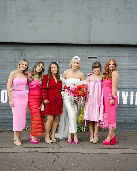 Tons Of "Bold And Joyful" Florals For This Vibrant Modern Wedding In Liverpool Pink And Red Bridesmaid Dresses, Red And Pink Bridesmaid Dresses, Retro Bridesmaid Dresses, Party Palette, Halfpenny London, Corset Styles, London Bride, Wedding Moodboard, Red Bridesmaids