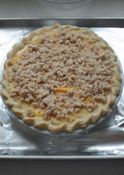 Peach Custard Pie with Streusel Topping | Beyond Kimchee Custard Peach Pie Recipe, Fresh Peach Custard Pie Recipes, Peach Custard Pie Recipes, Peach Custard Pie, Peach Custard Pies, Peach Custard, Peach Crumble Pie, Fresh Peach Pie, Recipe Keeper