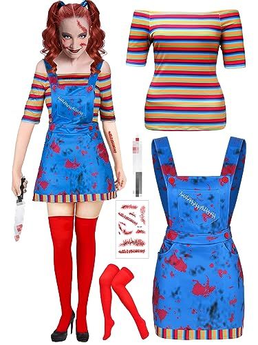 Xtinmee 5 Pcs Women Halloween Creepy Doll Clown Costume Horror Dress Movie Character Voodoo Costume Rainbow T Shirt Scary Doll Costume, Creepy Doll Halloween Costume, Chucky Doll Costume, Movie Character Outfits, Movie Star Dress, Movie Character Costumes, Horror Costume, Doll Halloween Costume, Chucky Doll