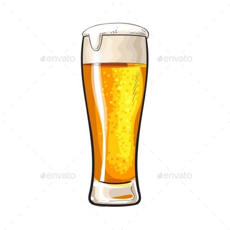 High glass of cold beer with foam and bubbles, sketch style vector illustration isolated on white background. Hand drawn frosty gl Beer Cartoon Drawing, Beer Illustration Design, Beer Glass Illustration, Beer Glass Drawing, Beer Glass Design, Beer Drawing, Beer Cartoon, Beer Tattoos, Beer Packaging Design