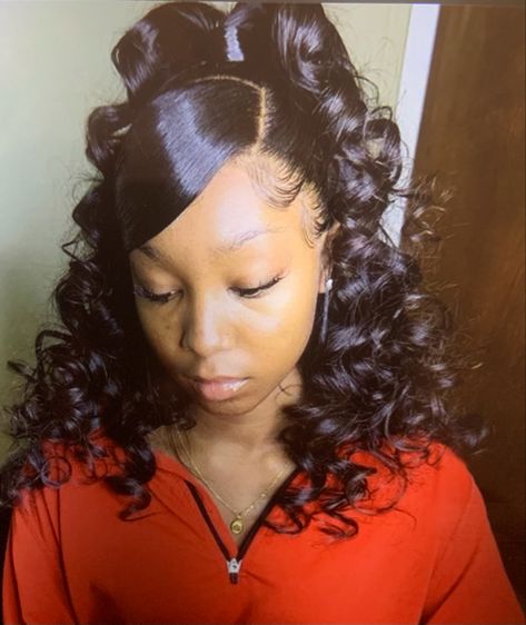 Half Up Half Down With Swoop Curly Hair, Ponytail Hairstyles Birthday, Hairstyles For 13th Birthday, Hoco Hairstyles Black Women, Middle School Hairstyles Black, Birthday Hair Styles, Half Up Half Down Swoop, Hairstyles Birthday, Cute Everyday Hairstyles