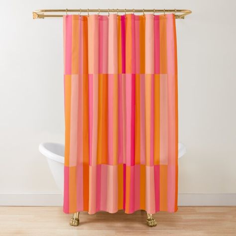 "Summer Pink and Orange, Block, Geometric, Stripes" Shower Curtain for Sale by OneThreeSix | Redbubble Pink And Orange Shower Curtain, Orange Shower Curtain, Second Bathroom, Cute Shower Curtains, Barn Apartment, Pink Shower Curtains, Orange Bathrooms, Striped Shower Curtains, Pink Bathroom