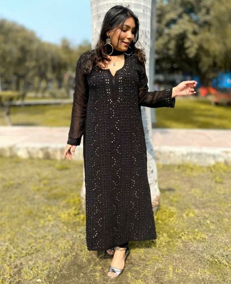 Black Viscose Kurti set, Kurti Palazzo set, Ethnic wear, Women Wear, Handmade Dress, Chikankari Kurta Set Black Kurta Women, Black Georgette Kurti, Black Chikankari Kurta, Kurti Styling, Pent Design, Long Kurta Designs, Kurti Pant Set, Party Wear Salwar Kameez, Black Kurti