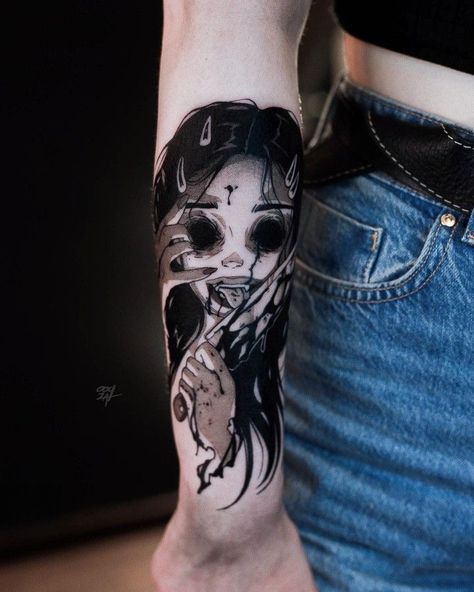 Aesthetic Tattoo Ideas, Wicked Tattoos, Scary Tattoos, Creepy Tattoos, Horror Tattoo, Japanese Tattoo Designs, Aesthetic Tattoo, Black Ink Tattoos, Dope Tattoos