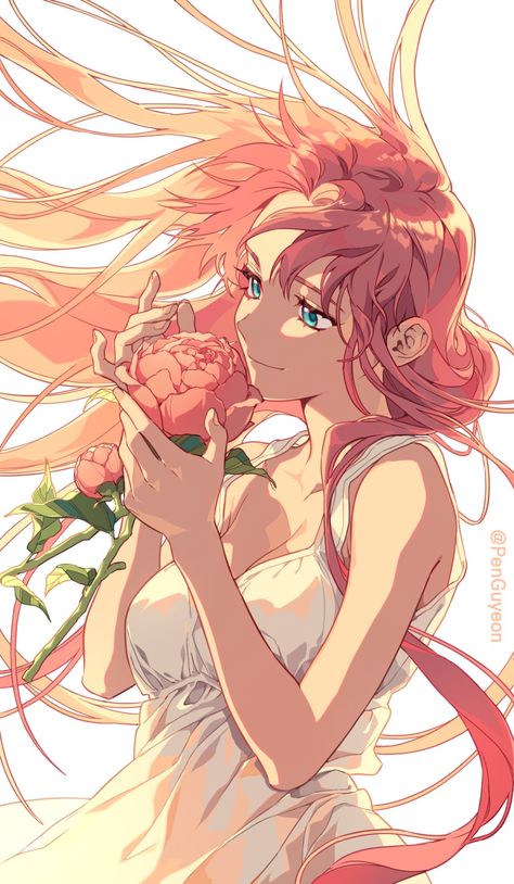 Anime With Flower, Pink Hair Girl Art, Woman Pose Reference Drawing, Manhwa Art, Manhwa Characters, Anime Flower, Korean Art, 판타지 아트, Animated Icons