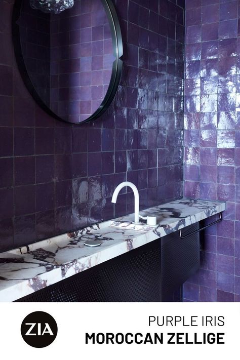 Vividly violet hues that shimmer and shine the way only zellige can — and in our rarely seen Purple Iris glaze. Sydney-based design firm @ysg.studio pairs our 4x4’s with this stunning slab of plum veined marble in this show stopper of a bathroom 👌 📸 by @prueruscoe White Moroccan Tile, Pink Armchair, Dream Weaver, Study Nook, Interior Design Awards, Glass Floor Lamp, Tapas Bar, Nate Berkus, Red Bedding