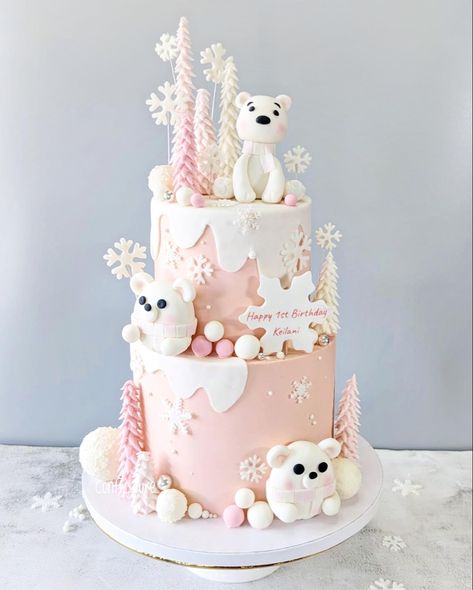 Winter Animals Birthday Party, 1st Birthday Cake Winter, Pink Winter Cake, Pink Winter Wonderland Cake, Winter Wonderland Pink Cake, Winter Onederland Cake Smash, Baby One Winter Wonderland Pink Backdrop, Polar Bear Cake, Winter Onderland Birthday