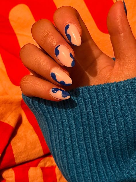 natural nails with blue swirls. BIAB Blue Abstract Nails, Abstract Nails, Nail Trend, Blue Spring, Blue Springs, Nails Inspo, Blue Abstract, Nail Trends, Nail Inspo