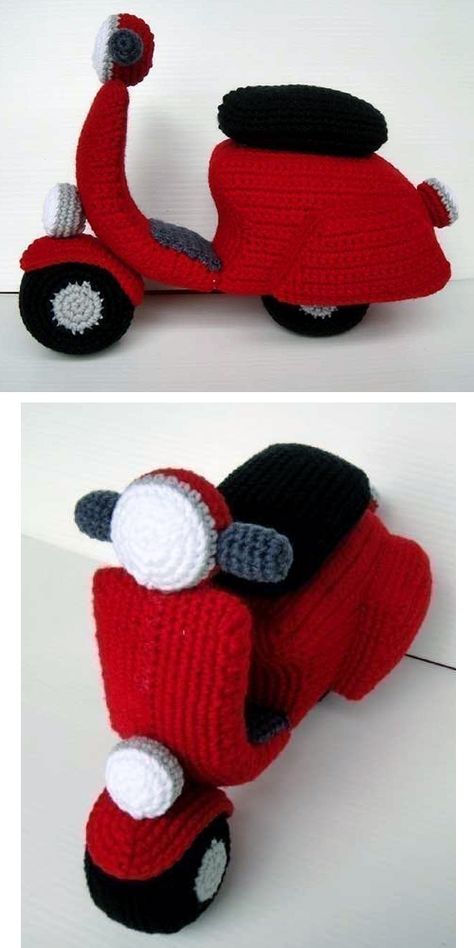 Crochet Your Own Scooter Vespa Fenderlight Pattern Vespa Scooter, Crochet Car, Pola Amigurumi, Crochet For Boys, Crochet Instructions, Crochet Basics, Crochet For Kids, Knitted Toys, Crochet Gifts