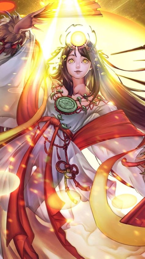 Amaterasu, also known as Amaterasu-Ōmikami among other names, is the goddess of the sun in japanese mythology. One of the major deities (kami) of Shinto, she is also portrayed in Japan's earliest literary texts, the Kojiki (712 CE) and the Nihon Shoki (720 CE), as the ruler (or one of the rulers) of the heavenly realm Takamagahara and the mythical ancestress of the japanese imperial house via her grandson Ninigi. Along with her siblings, the moon deity Tsukuyomi and the impetuous storm god... Amaterasu Goddess Art, Amaterasu Omikami, Goddess Of The Sun, Japanese Goddess, World Mythology, Japanese Mythology, Phoenix Art, Legends And Myths, Chinese Mythology