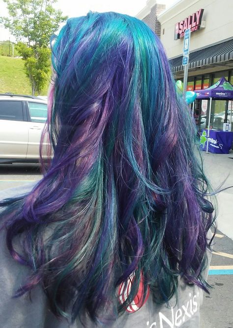 Blue Hair With Purple Streaks, Purple And Turquoise Peekaboo Hair, Purple Green And Blue Hair, Purple Green Blue Hair, Purple And Teal Aesthetic, Turquoise And Purple Hair, Purple Teal Hair, Purple And Teal Hair, Purple Dyed Hair