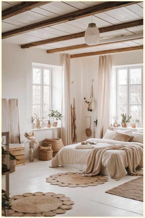 Cozy bedroom with neutral tones, featuring a bed with beige linens, woven rugs, and plants by the windows. Cozy Scandinavian Bedroom, Boho Farmhouse Bedroom, Scandinavian Interior Bedroom, Farmhouse Bedroom Design, Kitchen Flooring Trends, Kitchen Tile Inspiration, Ensuite Bathroom Designs, Industrial Chic Kitchen, Rustic Industrial Kitchen