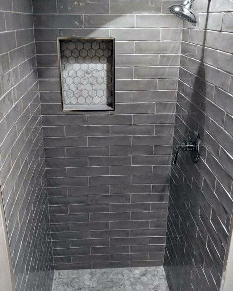 Small Bathroom Ideas With Shower Walk In Grey Tiles, Grey Tiled Shower Ideas, Dark Gray Subway Tile Bathroom, Dark Gray Tile Shower Ideas, Dark Subway Tile Bathroom, Dark Grey Subway Tile Bathroom, Gray Subway Tile Shower Ideas, Gray Subway Tile Bathroom, Grey Subway Tile Bathroom