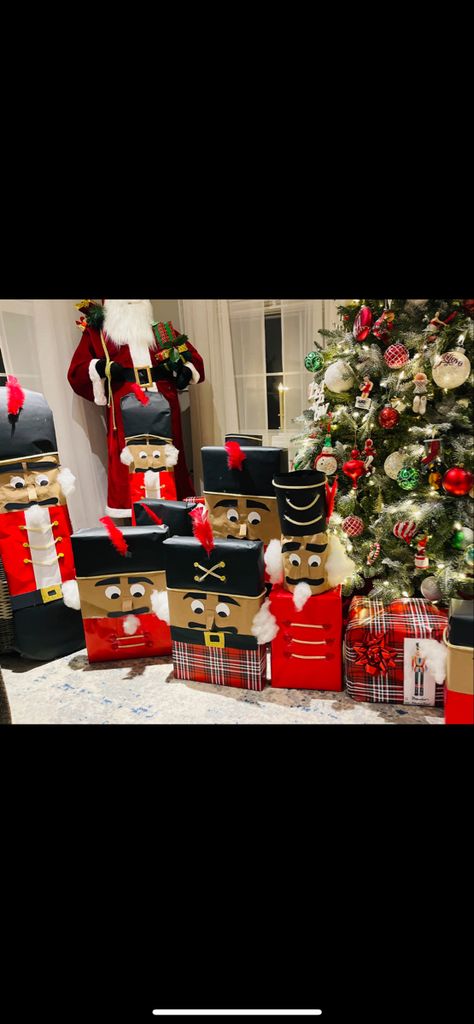 Nutcracker presents 💂🎁🎄 Nutcracker Gift Box Diy, Nutcracker Present Tower, Nutcracker Gift Wrapping Ideas, Christmas Present Tower Ideas, Nutcracker Wrapping Ideas, Nutcracker Gift Ideas, Gift Tower Ideas, Christmas Present Stack, Fun Christmas Wrapping Ideas