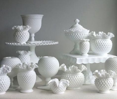 Coastal Ceramics, Milk Glass Display, Milk Glass Wedding, Milk Glass Decor, Vase Deco, Milk Glass Collection, Pedestal Cake Plate, Fenton Glassware, Fenton Hobnail