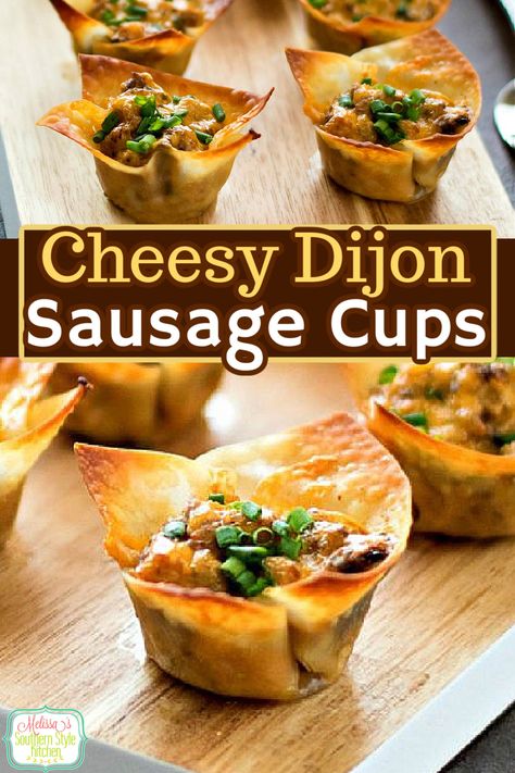 These easy Cheesy Dijon Sausage Cups are made using wonton wrappers for the crust. #sausagecups #sasuagerecipes #cheesysausagecups #wontoncups #sontonwrappers #sausagerecipes #cheesysausagecups #brunch #appetizers #recipes #southernfood #southernrecipes via @melissasssk Sausage Cups, Wonton Appetizers, Wonton Wrapper Recipes, Quick Brunch, Sausage Cream Cheese, Superbowl Food, Brunch Appetizers, Quick Appetizer, Wonton Cups