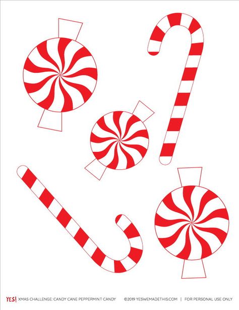 Make your Christmas party even more special with cute paper candy cane ornaments! We've designed this free printable template with candy canes and peppermint candies. Make them as a party garland, Christmas tree ornaments, or Christmas gift tags! #yeswemadethis #candycane #candycanecrafts #peppermintcandy #christmasornaments Christmas Candy Template, Candyland Templates Free Printable, Peppermint Candy Template Free Printable, Peppermint Template Free Printable, Candycane Printable, Candy Template Free Printable, Candy Cane Decorations Diy, Candy Printables, Candy Cane Printable