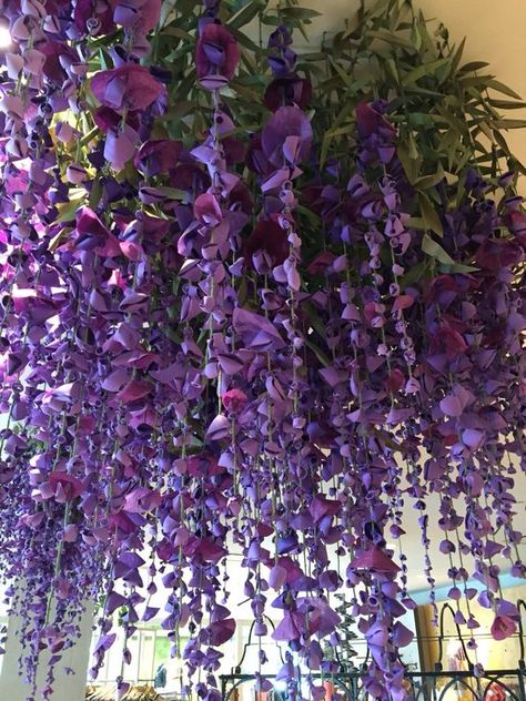 Purple Flowers Hanging From Ceiling, Hanging Paper Flowers Ceilings, How To Make Wisteria Paper Flowers, Diy Wisteria Paper Flowers, Hanging Purple Flowers, Purple Hanging Flowers, Hanging Plant Ideas, Hanging Plants Ideas, Purple Ceiling