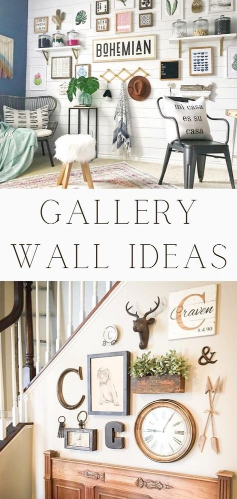 The great thing about a gallery wall collage is that there isn't a real order to where the pieces are hung. No need for a perfect line, layout or spaced a certain number of inches apart and what's not to love about the freedom in that. Check out loads of ideas and tips from farmhouse rustic style to eclectic to boho. DIY for the living room, bedroom, foyer, hall, staircase, kitchen, dorm, nursery and more. Above couch, inspiration too. Life on Summerhill. Gallery wall ideas Rustic Gallery Wall, Farmhouse Gallery Wall, Kitchen Gallery Wall, Gallery Wall Ideas, Boho Gallery Wall, Diy Gallery Wall, Farmhouse Living Room Decor Ideas, Gallery Wall Layout, Eclectic Gallery Wall