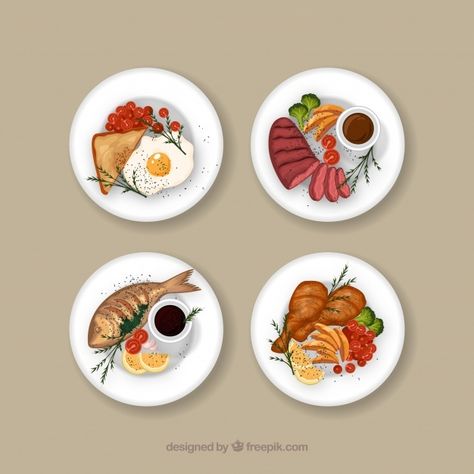 Dish Illustration, Dish Collection, Watercolor Food, Free Vectors, Food Illustrations, Food Dishes, Graphic Resources, Decorative Plates, Vector Free