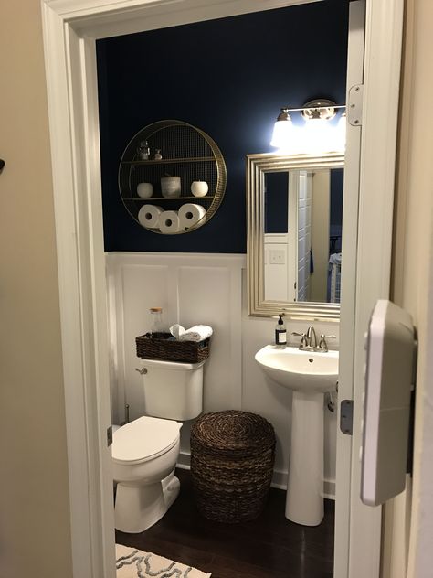 Small Half Bathroom Decor, Navy Powder Room, Half Bathroom Decor Ideas, Half Bathroom Ideas, Half Bathroom Design, Small Half Bathroom, Powder Room Remodel, Half Bathroom Decor, Budget Bathroom Remodel