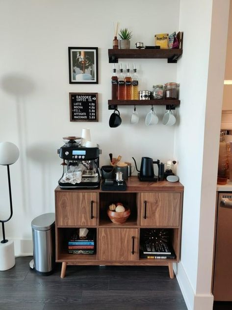 Modern Coffee Bar Ideas Apartment, Coffee Bar Station Small Spaces Modern, Barista At Home, Espresso Set Up, Small Coffee Bar Ideas Apartments, Small Break Room Ideas, Coffee Corner Ideas Modern, Kitchen Cart Coffee Bar, Espresso Machine Station