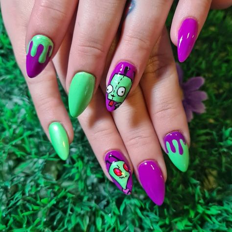 Klaws Nails Acrylic, Invader Zim Nails, Klaws Nails, Nails Acrylic Green, Gir From Invader Zim, Invader Zim Gir, Zim Gir, Cartoon Nails, Kawaii Nail Art