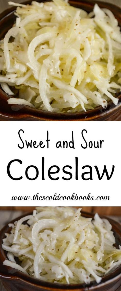 This Sweet and Sour Coleslaw is a vinegar-based slaw that is easy to make but patience is required for all the sweet and tangy flavors to emerge. Sweet And Sour Slaw Recipe, Sweet And Sour Coleslaw Recipe, Old Fashioned Coleslaw Recipe, Vinegar Slaw Recipe, Vinegar Based Coleslaw Recipe, Hotel Sweet, Cabbage Slaw Recipes, Best Coleslaw Recipe, Vinegar Coleslaw