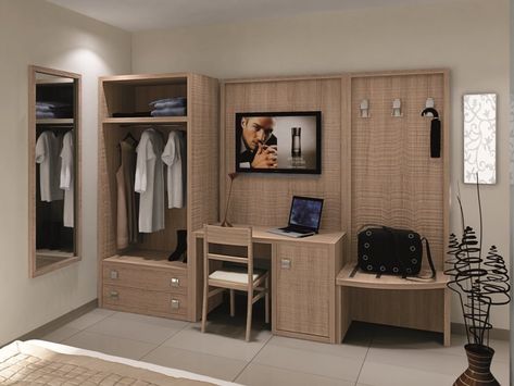 FASHION | Wardrobe for hotel rooms By Mobilspazio Hotel Room Design Plan, Small Hotel Room, Hotel Bedroom Design, Hotel Room Interior, Open Closet, Hotel Room Design, Wardrobe Room, Hotel Interior Design, Hotel Bed