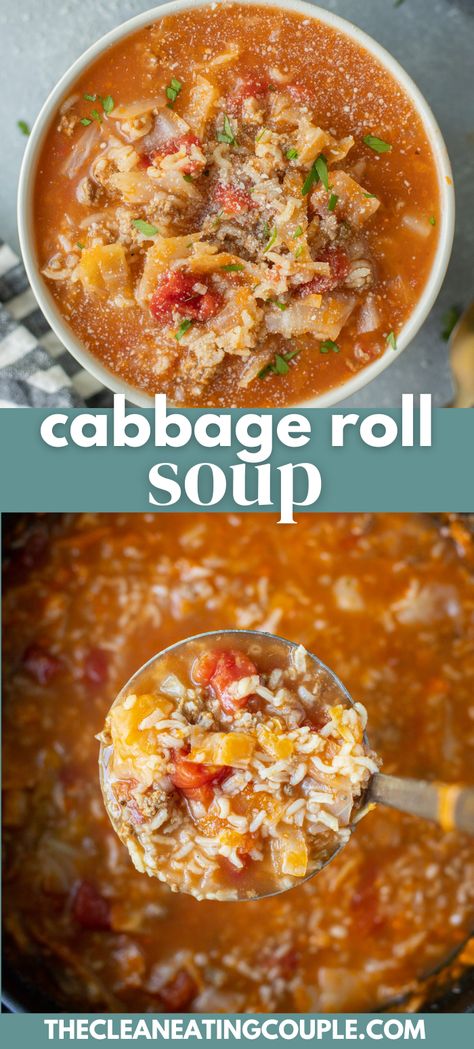 The best Cabbage Roll Soup Recipe! This Stuffed Cabbage Soup is hearty, filling and healthy! The best easy weeknight dinner is definitely this lazy unstuffed cabbage soup! Make it in your instant pot, slow cooker, or on your stove top! Cabbage Roll Soup Recipe, Cabbage Soup Crockpot, Beef And Cabbage Soup, Unstuffed Cabbage Soup, Soup Cabbage, Cabbage Soup Diet Recipe, Cabbage Soup Recipe, Baked Cabbage, Unstuffed Cabbage