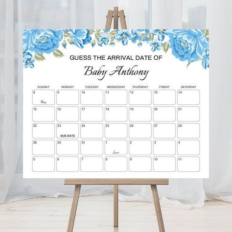 Download and print Blue Floral Baby Due Date Prediction Calendar. #boybabyshower #babyshowerideas #babyshowergames #predictioncalendar #duedategame Guess The Due Date, Baby Due Date Calendar, Boy Baby Shower Decor, Due Date Calendar, Baby Due Date, Baby Due, Free Calendar, Baby Arrival, Purple Baby