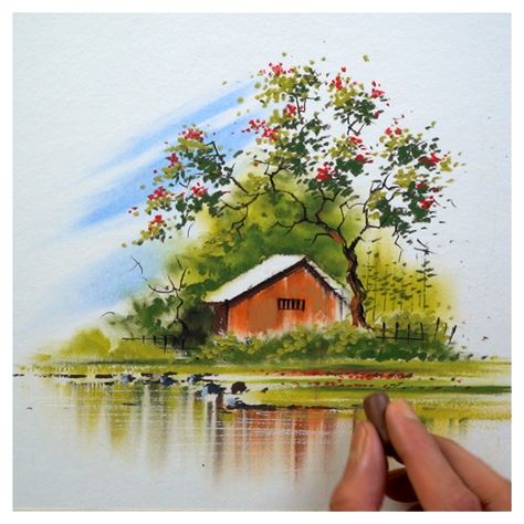 Landscape Painting With Watercolor, Nature Simple Painting, Landscape Oil Paintings Nature Easy, Nature Painting Oil Pastel, Landscape Simple Drawing, Landscape Drawings Watercolour, Watercolor Simple Landscape, Soft Pastel Landscape Easy, Nature Drawing With Oil Pastels