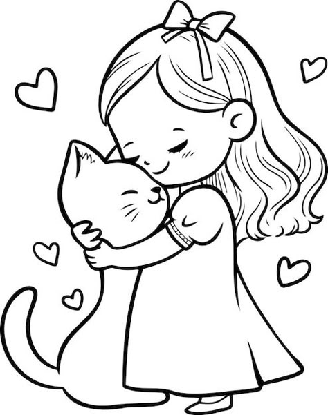 Cat Vector Illustration, Happy Doodles, Vector Girl, Girl With Cat, Cat Coloring Pages, Cat Outline, Illustration Black And White, Easy Cartoon, Easy Cartoon Drawings