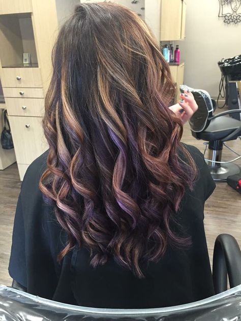 Purple Peekaboo highlights !                                                                                                                                                     More Purple Peekaboo Highlights Brunettes, Lilac Balayage, Purple Peekaboo Highlights, Plum Highlights, Purple Highlights Brown Hair, Lavender Highlights, Peekaboo Hair Colors, Peekaboo Highlights, Purple Ombre Hair