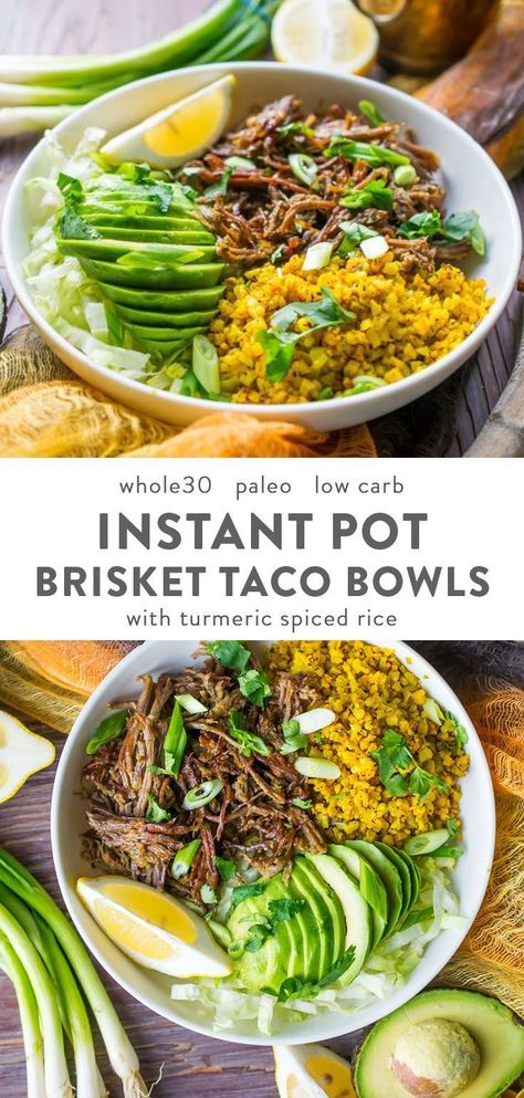 These Whole30 brisket bowls are crazy packet with flavor and made super easily in the Instant Pot. With cauliflower rice and avocado. Low carb & paleo, too. #whole30 #instantpot Healthy Brisket Meals, Healthy Brisket Recipes, Brisket Salad Recipes, Instant Pot Paleo Recipes, Whole30 Bowls, Pulse Recipes, Rice And Avocado, 40 Aprons, Brisket Tacos