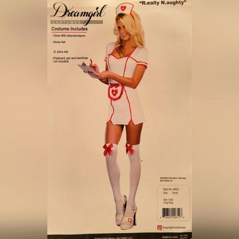 "R.Eally N.Aughty" Nurse Halloween. Includes Dress And Hat. Matching Thigh-High Stockings Also Included! Women's Size Small, Fits 90lbs To 120lbs. Perfect For A Costume Party Or A Night In. New! Taken Out To Check Contents But Never Worn. Other Accessories Available. Check Out My Closet For More Costumes! Funny Duo Hollowed Costumes, Nurse Costume Women, Hermione Halloween Costume, Sailor Halloween Costumes, Sailor Halloween, Nurse Halloween Costume, Nun Costume, Blue Gingham Dress, Red Riding Hood Costume