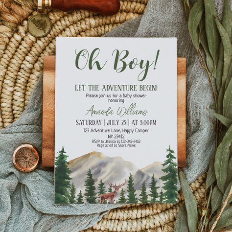 Boy Woodland Deer Baby Shower Invitation #zazzle #weddinginvitations #birthdayinvitations #babyshowerinvitations #zazzleinvitations #monogram #businesscards #graduation #homedecor Mountain Themed Baby Shower Ideas, Woodsy Baby Shower Ideas, Baby Shower Themes For Boys, Baby Boy Shower Invitations, Deer Baby Shower Invitations, Baby Boy Invitations, Forest Baby Showers, Deer Baby Showers, Adventure Baby Shower