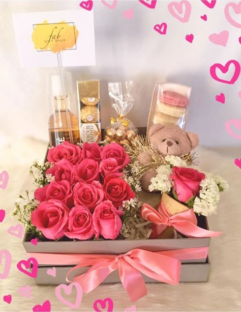 Gift Box With Flowers And Chocolate, Valentines Gift Hamper Ideas, Roses In A Box Gift Diy, Small Valentines Day Gifts For Him Diy, Teddy Bear Gift Box Ideas, Valentines Gift Box Ideas For Her, Box With Sweets Gift Ideas, Chocolate And Flowers Gift Boxes, Flower Box Gift Birthday