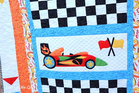 The Race Is On quilt using Hot Wheels fabric - I love this whole idea for Dominic! Hot Wheels Quilt Pattern, Race Car Quilt Pattern, Hot Wheels Quilt, Race Car Quilt, Charity Sewing, Car Quilt, Quilt Borders, Kids Quilts, Appliqué Quilts