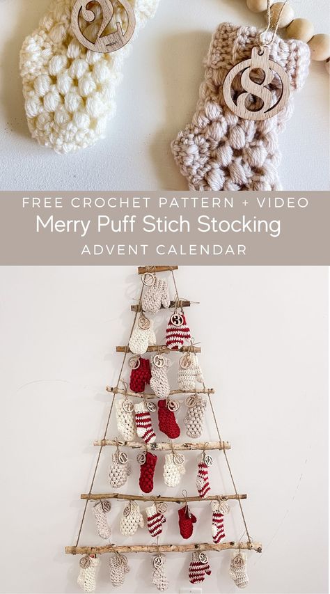 Mini Puff Stitch Stocking, free crochet pattern and video Tutorial. One of the six patterns included in MJ's Merry Advent Calendar Ebook. Crochet Projects For Christmas, Crochet Advent Calendar, Easy Beginner Crochet Patterns, Crochet Christmas Stocking Pattern, Christmas Crochet Patterns Free, Crochet Stocking, Stocking Designs, Crochet Christmas Stocking, Crochet Xmas