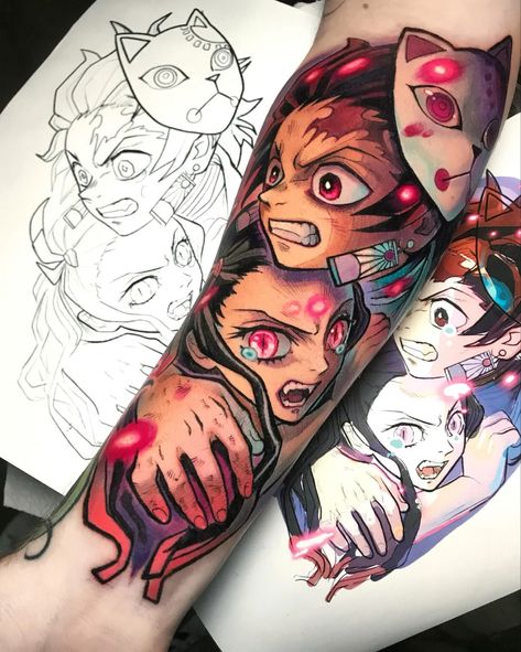 Demon Slayer Tattoo, Neat Tattoos, Demon Dragon, Tanjiro And Nezuko, Slayer Tattoo, Full Sleeve Tattoo Design, Pretty Hand Tattoos, Naruto Tattoo, Cartoon Character Tattoos