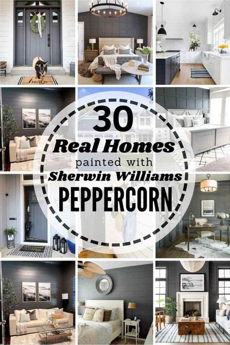 Sherwin Williams Peppercorn: Is it the right dark & moody paint shade for your home? See it in 30 real homes so you can decide! Peppercorn Gray Sherwin Williams, Peppercorn Grey Sherwin Williams, Best Sherwin Williams Charcoal Gray, Peppercorn Sherwin Williams Kitchen Cabinets, Peppercorn Sherwin Williams Office, Peppercorn Walls Sherwin Williams, Peppercorn Fireplace Wall, Wherein Williams Peppercorn, Sherwin Williams Peppercorn Bathroom