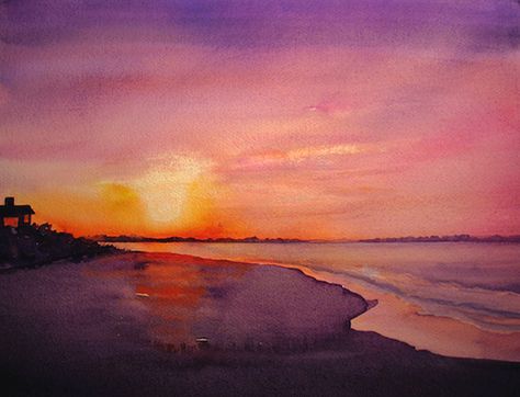 Joe Francis, Landscape Painting Watercolor, Sunset Watercolor, Beach Art Painting, Art Therapy Projects, Harbor Island, Painting Water, Pastel Sunset, Sunset Images