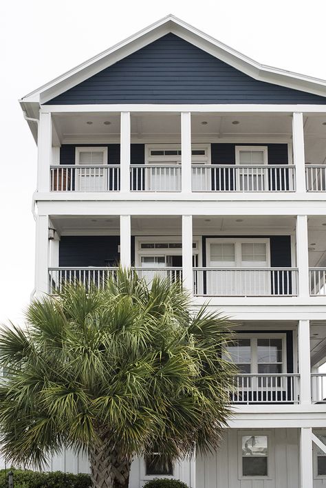 Carolina Beach and Beach House Exteriors Blue Beach House Exterior, Beach House Exteriors, Exterior Beach House, White Home Exterior, Modern Beach Cottage, Beachy House, White Beach House, Blue Beach House, Room For Tuesday