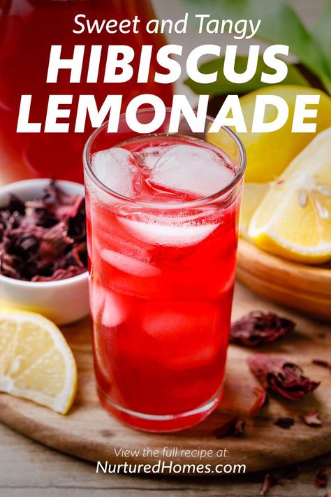 Hibiscus Lemonade (Easy Recipe!) - Nurtured Homes Hibiscus Recipes, Hibiscus Recipe, Hibiscus Lemonade, Hibiscus Drink, Healthy Refreshing Drinks, Food And Drink Recipes, Breakfast Cocktails, Homemade Tea, Iced Tea Recipes