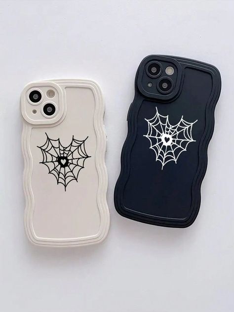 Halloween 2pcs/Set Black & White Heart/Spider Web/Wave Design Tpu Couple Phone Cases, Anti-Drop, Compatible With IPhone 15 Pro Max Multicolor    TPU Animal Ordinary Mobile Phone Case   Cases, size features are:Bust: ,Length: ,Sleeve Length: Black Iphone Case Ideas, Best Friend Phone Cases For 2, Mobile Back Cover Design, Couple Phone Cases, Heart Spider Web, Mobile Case Design, Heart Spider, Bff Phone Cases, Web Phone