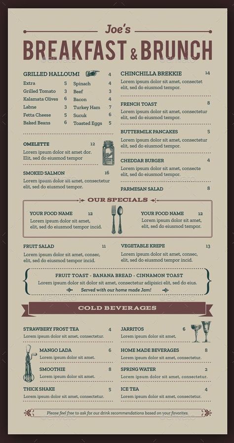 Breakfast And Lunch Menu Design, Brunch Menu Design Ideas, Cafe Breakfast Menu Ideas, Breakfast Menu Ideas Restaurant, Brunch Cafe Menu, Continental Breakfast Menu, Menu Ideas Design, Brunch Menu Design, Brunch Menu Template