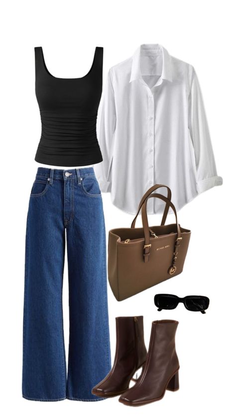 Black tank top with plain white shirt and blue jeans carry the outfit with dark brown boots and a handbag to match the shoes and beat the rays with a pair of sunglasses Casual Outing Outfits, Windy Day Outfit, Outing Outfit, Stunning Outfits, Windy Day, Day Outfit, Sunny Day, Sunny Days, Outfit Of The Day